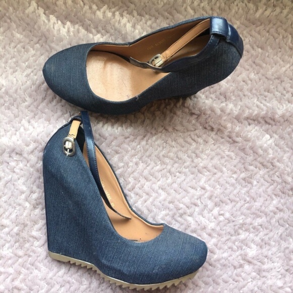 Denim Wedge Pumps with Ankle Strap - Navy Blue